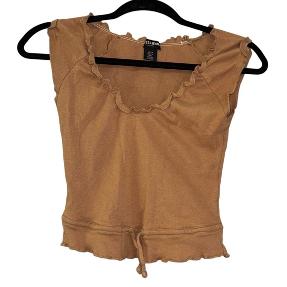 Guess Jeans Tan Lettuce Trim Sleeveless Blouse Women’s XS Draw String Waist Y2K - Picture 5 of 12